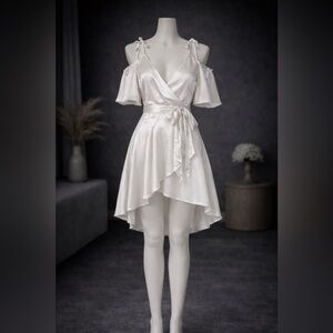 Fashion Nova White Satin Wrap Mini Dress Size S Off Shoulder Ruffle